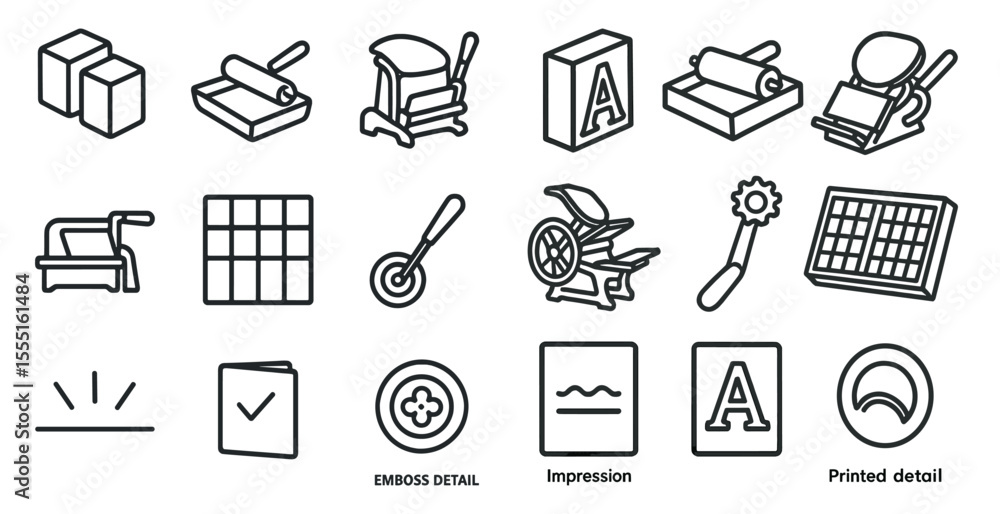 Poster series of icons that represent different aspects of printing. the icons include a box cutter, a rule