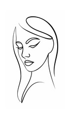 Continous line drawing of a woman's face with closed eyes flowing hair on background