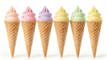 Pastel colored ice cream cones isolated on white background