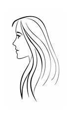 Continous line drawing of a woman's profile with flowing hair on a background face