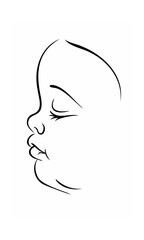 Handdrawn continous line drawing of a baby's profile with closed eyes full lips on background