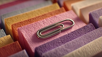 Metal Paperclip on Stack of Textured Pastel Colored Business Cards Close Up