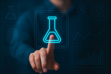 Futuristic laboratory test tube interface with holographic scientific UI elements and glowing biometric data in high-tech research environment