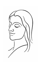 Continous line drawing of a woman's profile with closed eyes flowing hair on background