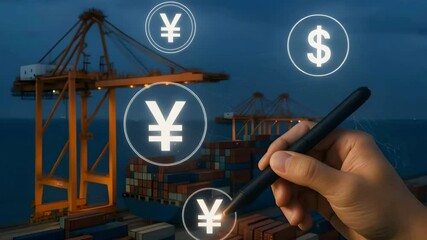 A hand taps floating yen icons over a container port with dollar and yen symbols. Concept of maritime finance. - Powered by Adobe
