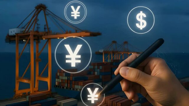 A hand taps floating yen icons over a container port with dollar and yen symbols. Concept of maritime finance. - Powered by Adobe