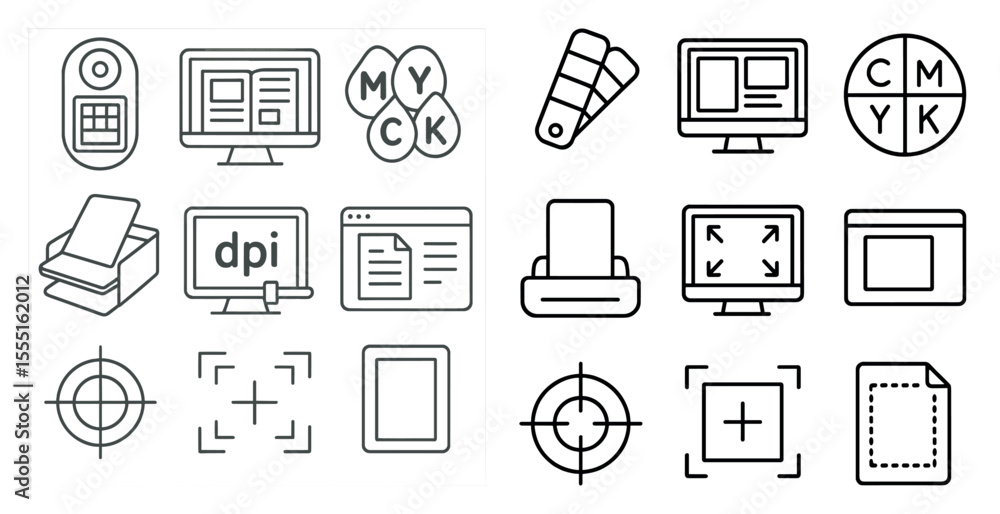 Poster set of icons for a computer program. the icons include a printer, a mouse, a keyboard, a monitor, an