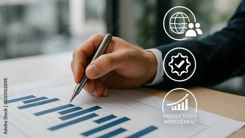 Poster a hand with a pen reviews a bar chart while floating icons for global team, quality check, and produ