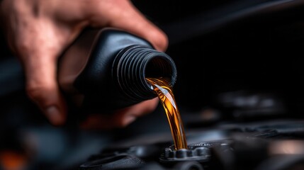 A close-up of a hand pouring engine oil into a car engine, emphasizing the precision and care in vehicle maintenance, Ideal for articles, blogs