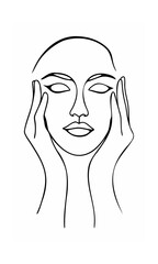 Continous line drawing of a face with hands touching the cheeks on a background lineart