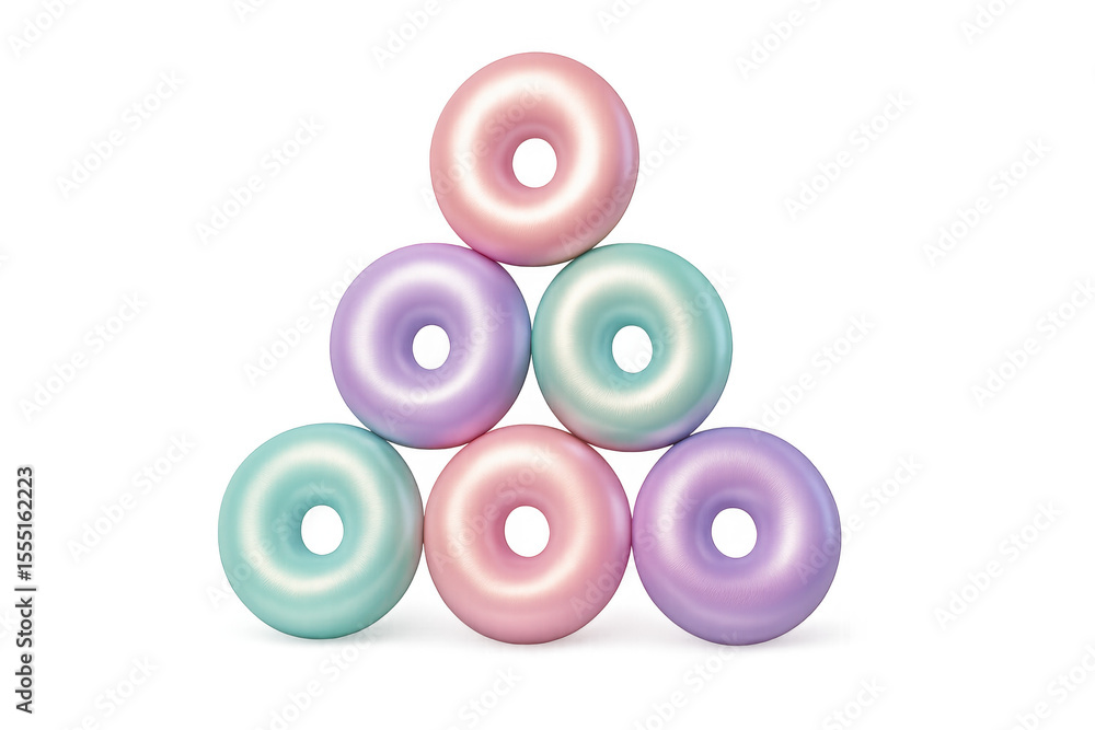 Poster 3d rendering of six pastel-colored donuts forming a triangular shape, isolated on a transparent back