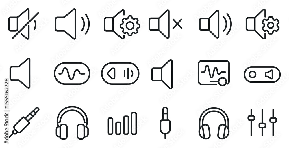 Poster set of icons for audio controls. the icons include a volume control, a mute button, and a gear icon