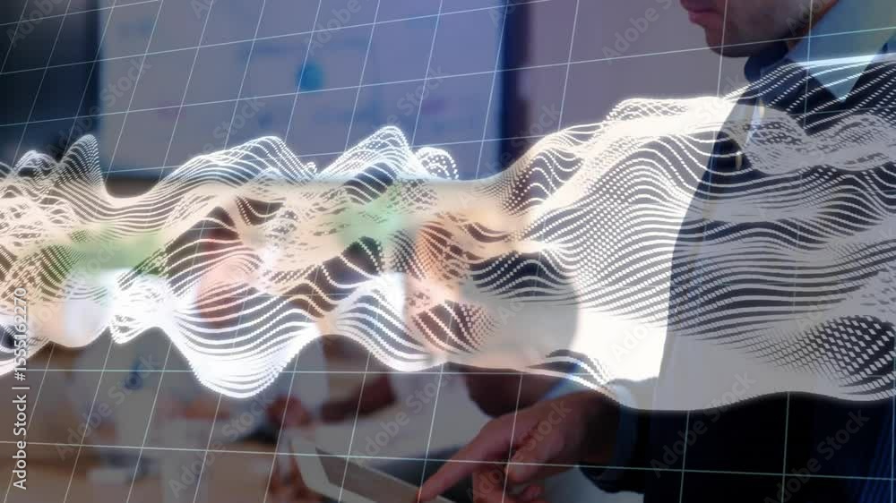 Poster man scrolling tablet and animating waveform during data review in meeting while coworkers glancing