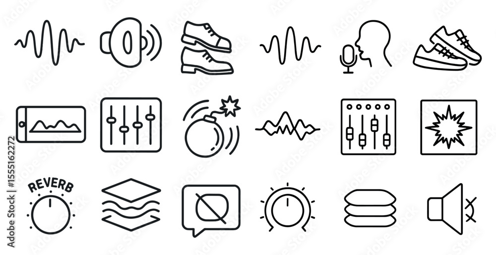 Poster series of icons for music production, including a microphone, a speaker, and a keyboard. the icons a