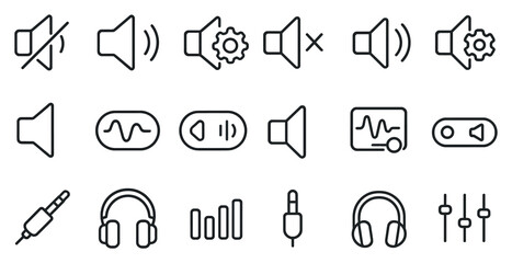 Fototapeta premium Set of icons for audio controls. The icons include a volume control, a mute button, and a gear icon