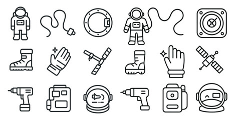 Set of icons for space exploration and equipment. The icons include a man in a spacesuit, a drill, a hammer, a wrench, a screwdriver, a space shuttle, a satellite, and a microphone