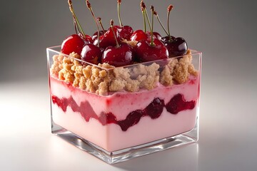 A square glass container filled with cherry yogurt layered with crushed cookies and fresh cherries, styled with folded fabric 