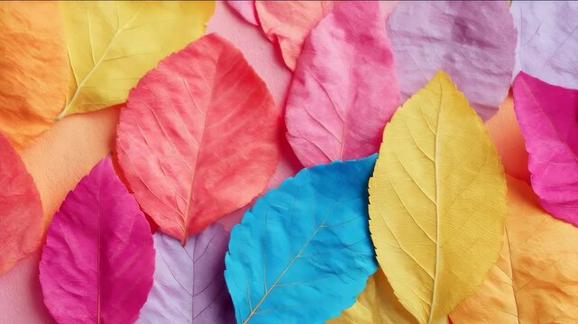 A vibrant collection of colorful leaves evokes autumn, creativity, and renewal showcasing hues of pink, blue, and yellow ideal for synesthesia and color theory enthusiasts