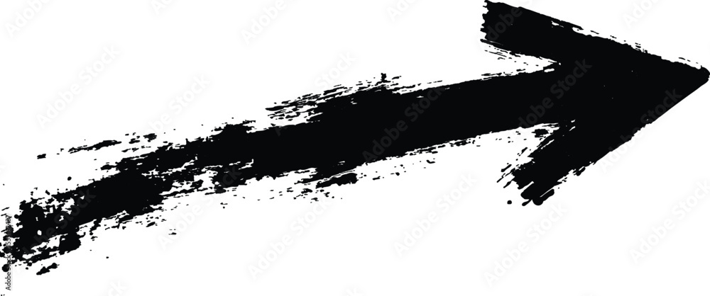 Poster Black arrow painted with splashes isolated on white background. Black arrow marker isolated with a hand-drawn effect on a white background. 