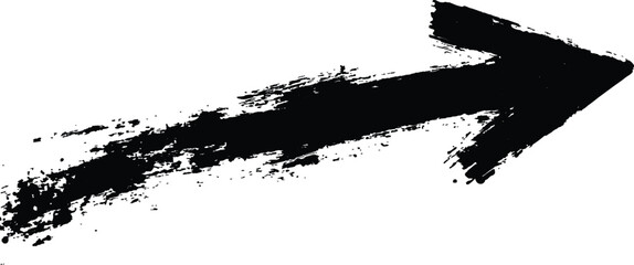 Black arrow painted with splashes isolated on white background. Black arrow marker isolated with a hand-drawn effect on a white background. 