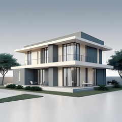 Modern architectural house exterior with green grass and blue sky