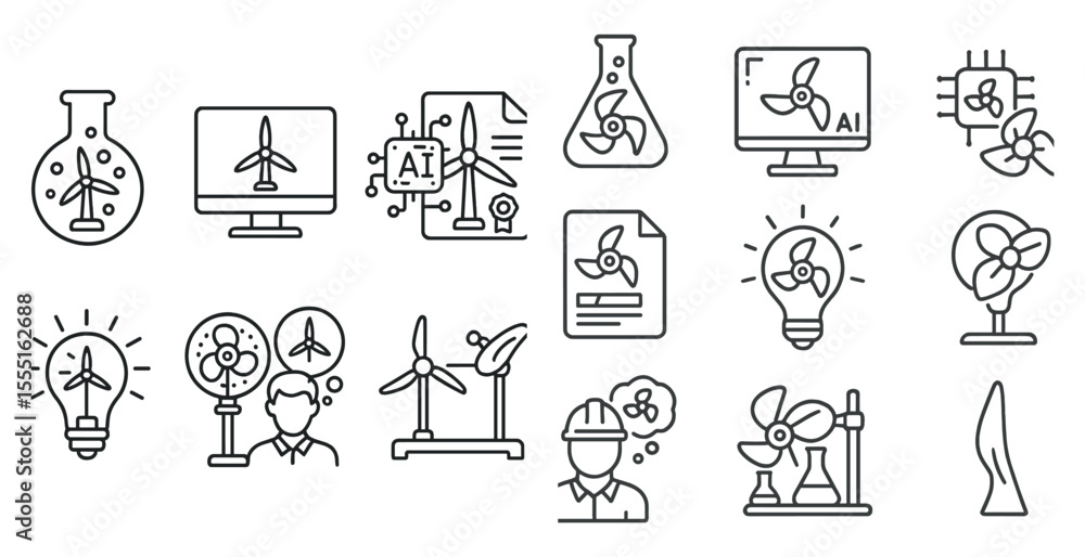 Poster series of icons depicting various aspects of technology and science. the icons include a man with a 