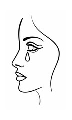 Continous line drawing of a woman's face in profile with a single teardrop falling