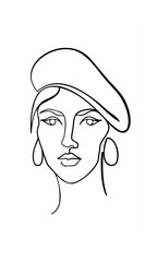 Continous line drawing of a woman wearing a beret earrings on a background face portrait
