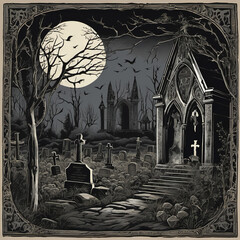 Gothic Graveyard Tapestry Style Linocut Art