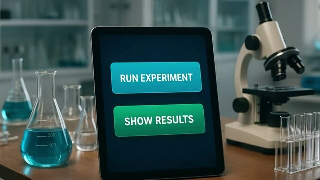A tablet displays two buttons: &ldquo;Run Experiment&rdquo; and &ldquo;Show Results&rdquo; beside lab glassware. Concept of scientific workflow.

