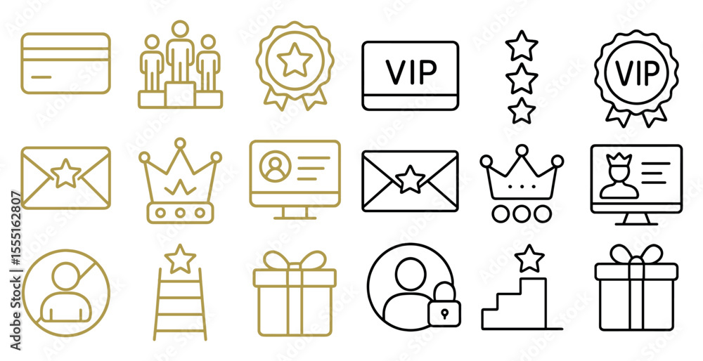 Aufkleber set of icons for a vip program. the icons include a credit card, a computer, a keyboard, a mouse, a 