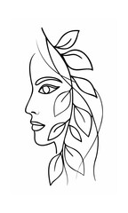 Continous line drawing of a woman's face with leaves foliage on background profile