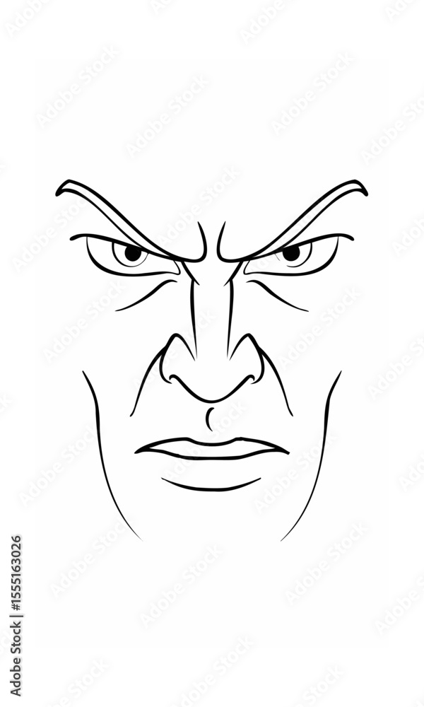 Poster continous line drawing of an angry face with furrowed brows intense eyes on background