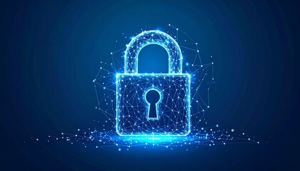 
Digital glowing padlock made of connected network lines on dark blue background symbolizing cybersecurity and data protection. 