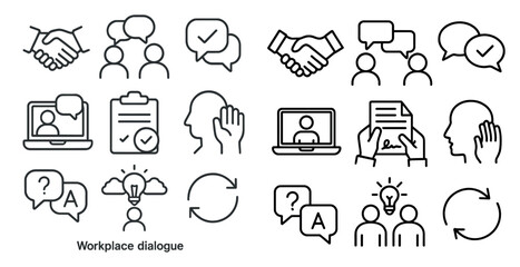 Set of icons for a workplace dialogue. The icons include a handshake, a laptop, a person holding a piece of paper, and a person holding a cell phone. The icons convey the idea of communication
