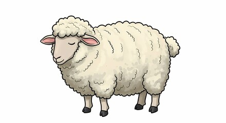 Obraz premium Cute Cartoon Sheep Standing on White Background with Fluffy Wool and Pink Ears