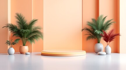 Minimalist Product Display with Tropical Plants and Peach Colored Background