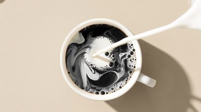 Ultra-realistic top-down photo of fresh white milk being poured into a bowl of colorful cereal loops, creating a dynamic splash.

