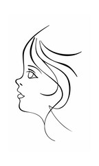 Continous line drawing of a woman's face in profile with flowing hair on a background