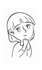 Handdrawn continous line of a girl with hands clasped under her chin looking upwards with a thoughtful