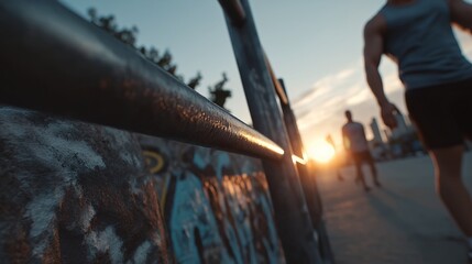 Outdoor Workout at Sunrise: A strong individual embraces the dawn with a dynamic workout session at sunrise, framed by urban elements, embodying the essence of wellness and athletic pursuit.
