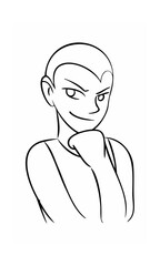Handdrawn of a person with a smirk resting chin on hand continous line art face head