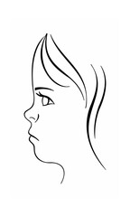 Continous line drawing of a girl's profile face with hair on a background outline