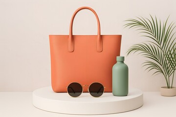 Stylish Still Life Featuring Orange Tote Bag Green Bottle and Round Sunglasses