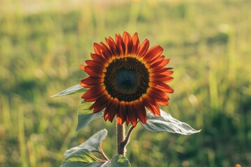 A majestic red sunflower in full bloom against a blurred green background capturing nature's beauty and warm sunlight