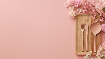 A pink-colored square drawing board sits next to an irregular wooden knife and a set of three kitchen spoons on the table. On one side of the picture, there is a vase with dried flowers. 