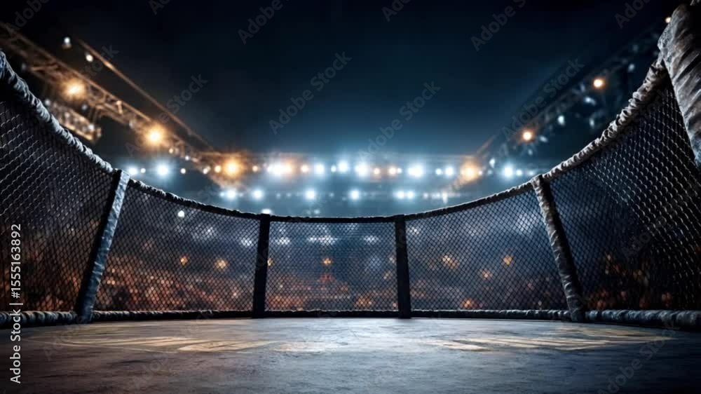 Poster powerful spotlights illuminate an empty fighting ring inside a crowded arena, creating an atmosphere