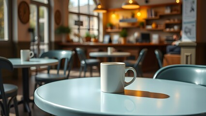 Mug on a pastel blue table, bright daylight, cafe setting.