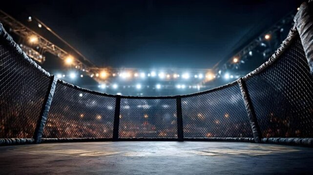 Powerful spotlights illuminate an empty fighting ring inside a crowded arena, creating an atmosphere of anticipation and excitement for the upcoming match