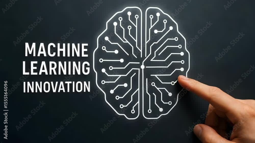 Poster a holographic brain-circuit icon lights up beneath “machine learning innovation” text. concept of al